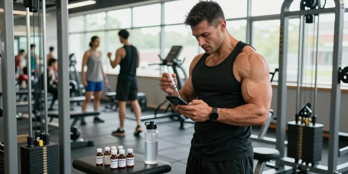 Anabolika Shop: Sportler bereitet sich auf Training vor und hält eine Spritze mit Steroid.