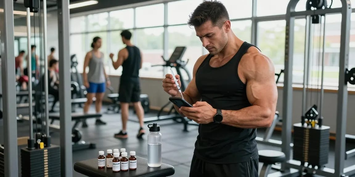 Anabolika Shop: Sportler bereitet sich auf Training vor und hält eine Spritze mit Steroid.