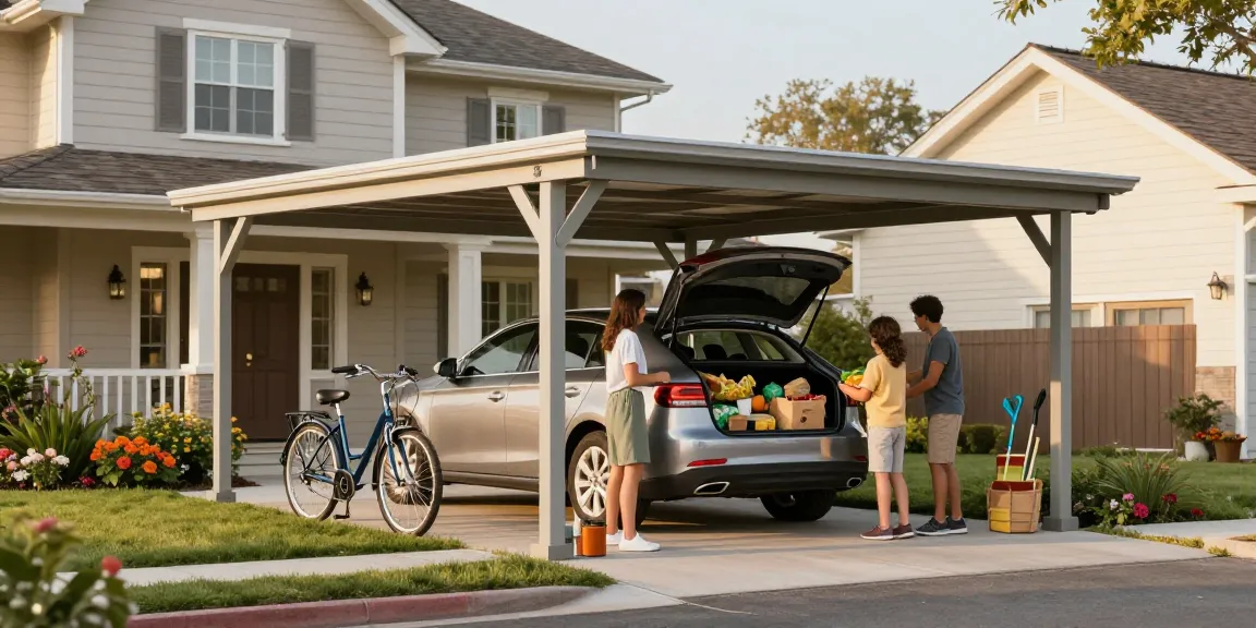 Praktischer Carport bietet Schutz für Fahrzeuge und Fahrräder im Garten.