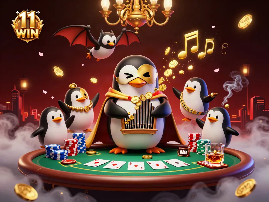 Experience the excitement of 11 WIN casino games with a vibrant interactive scene including a playful penguin and dynamic poker elements.