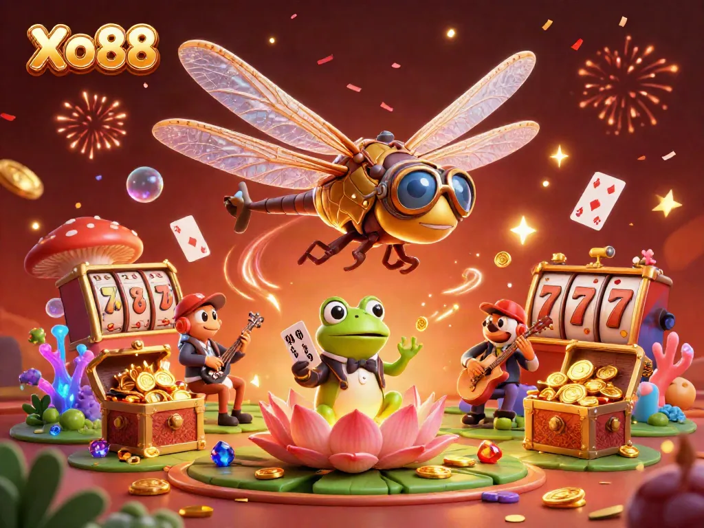 Engage in thrilling gaming escapades at Xo88 with a vibrant dragonfly pilot and frog croupier.