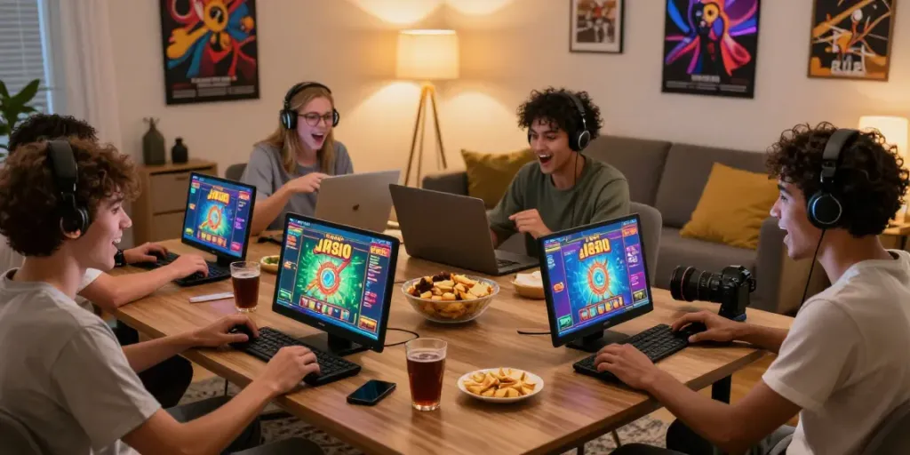 Players enjoying a thrilling slot88 gaming experience in a vibrant living room setting.