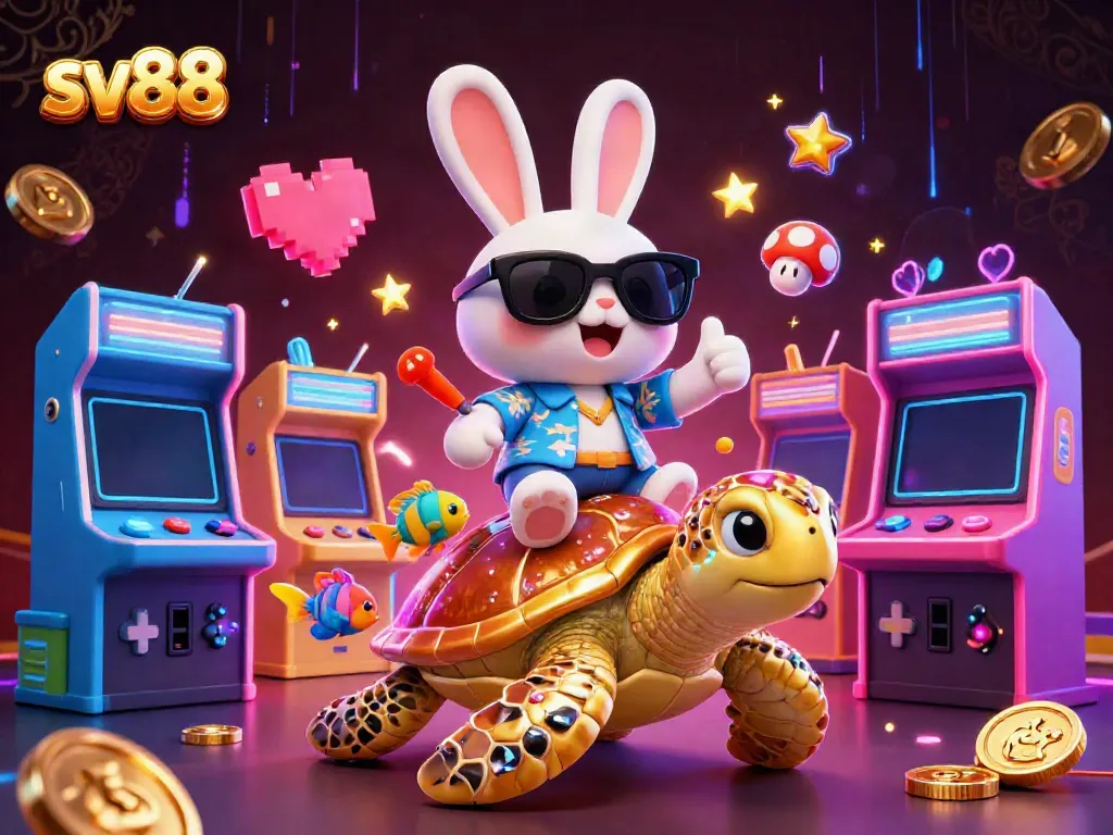 Gamblers enjoy sv88 gaming excitement with a lucky rabbit and golden turtle in vibrant casino scene.