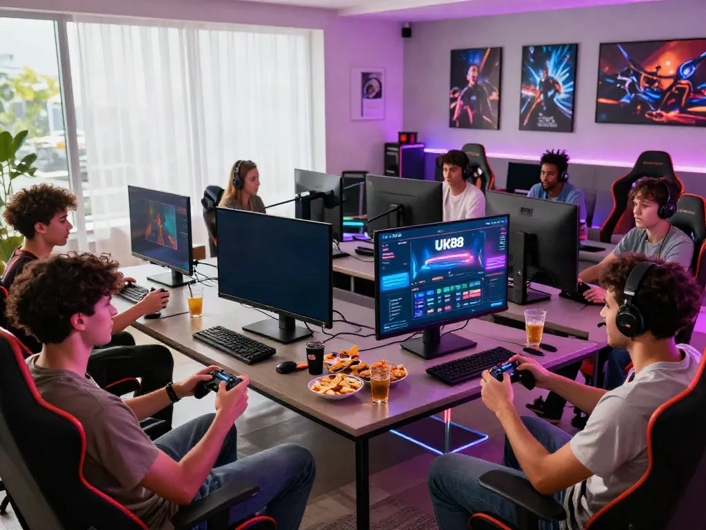 Friends enjoying an exciting gaming session on UK88 with controllers and vibrant LED lights.
