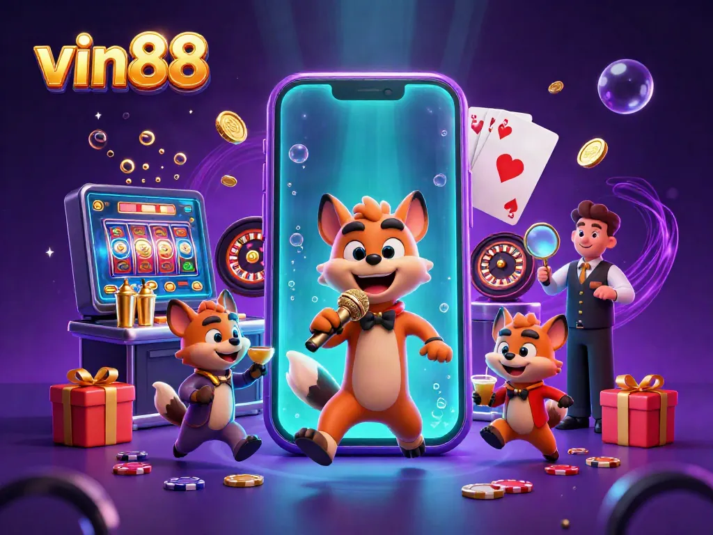 The hyena characters of vin88 bring casino excitement as the stand-up comedian entertains guests while the bartender serves drinks.