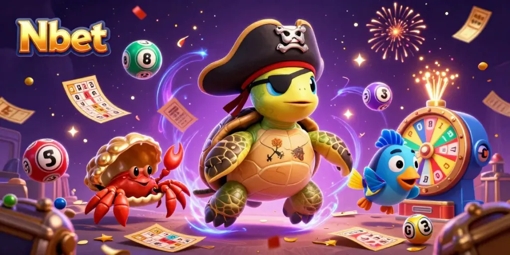 Engage with Nbet's vibrant gaming world featuring a pirate turtle and friends amidst colorful casino elements.
