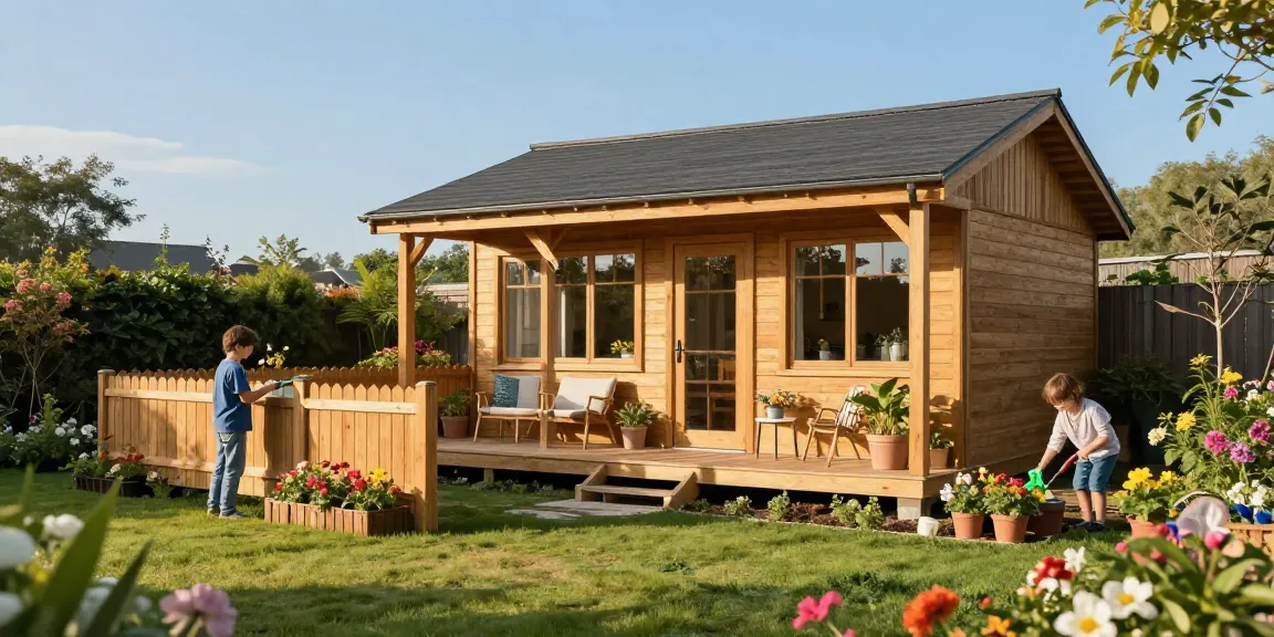 Charmantes Gartenhaus mit blühenden Pflanzen und einer Familie, die im Garten arbeitet.