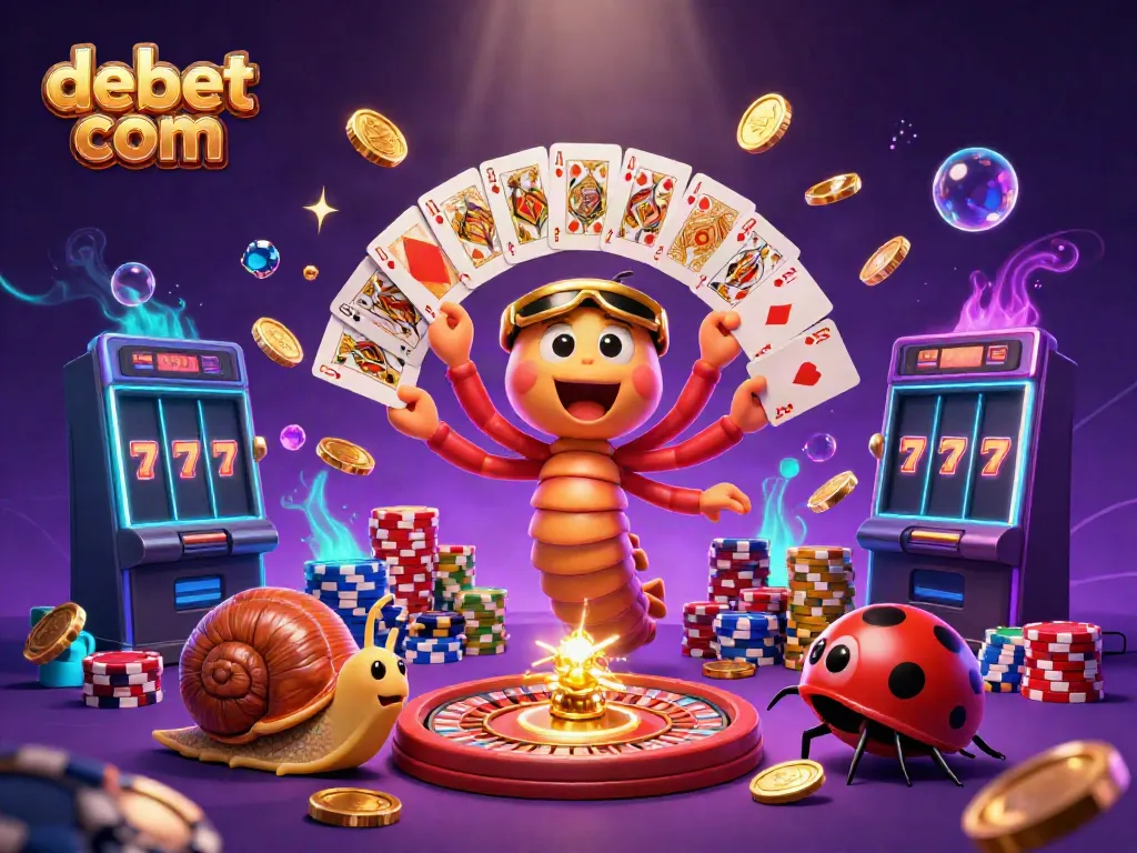 Engage in thrilling gameplay at debet com, with characters showcasing excitement in an energetic casino scene.