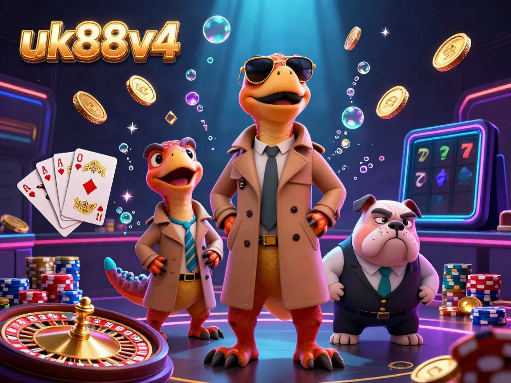 Watch three raptors in a trench coat enter a VIP lounge at a casino in a vibrant uk88v4 3D illustration.