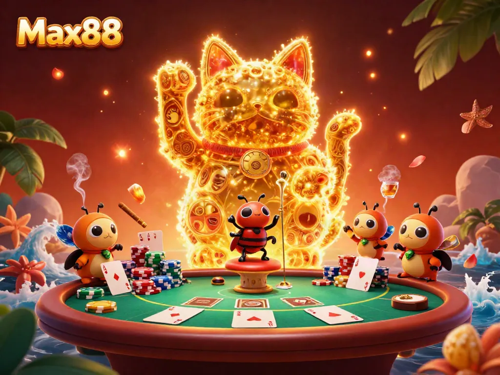 Experience Max88's vivid casino atmosphere with a dynamic lucky cat, poker, and vibrant gameplay.