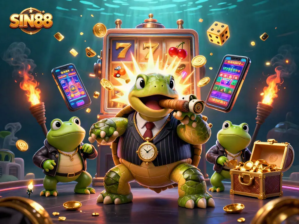 SIN88 showcases a 3D cartoon turtle mobster alongside bullfrog enforcers amidst a vibrant casino scene.