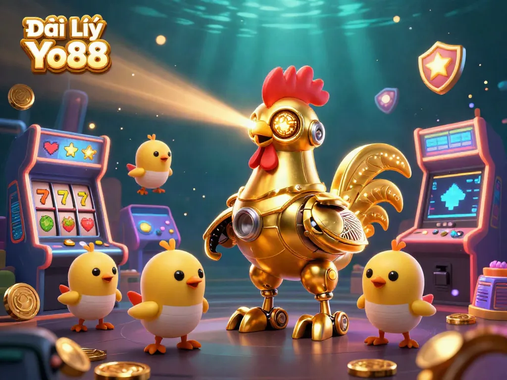 Experience the thrill of Đại Lý Yo88 with a golden rooster robot and game machines in a futuristic casino.