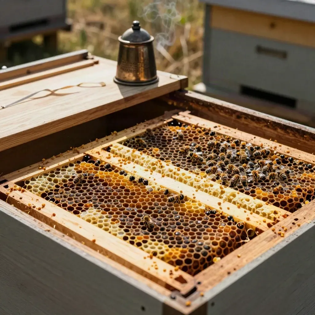 Offener Bienenstock mit Brutwaben, Smoker und Rahmenständer im Sonnenlicht.