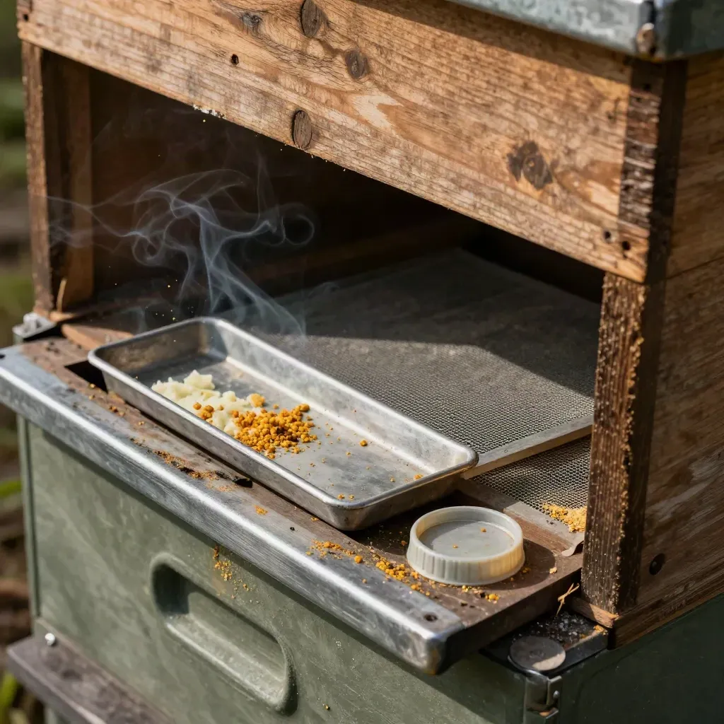 Varroa-Kontrollsetup am Bienenstock mit Rauch, Schublade, Futterdeckel und Schatten.