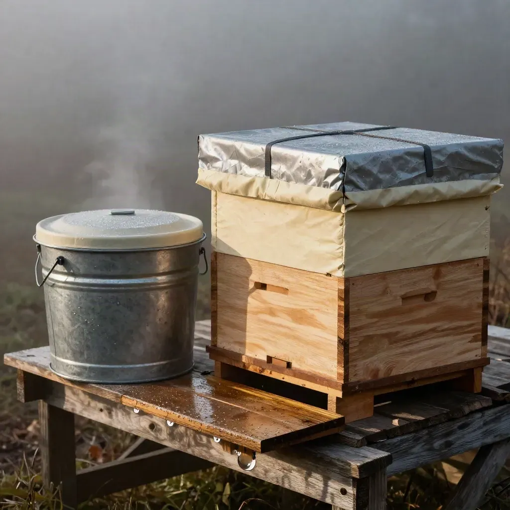 Bienenstock mit Futtereimer und Isolierung im Morgennebel am Hof