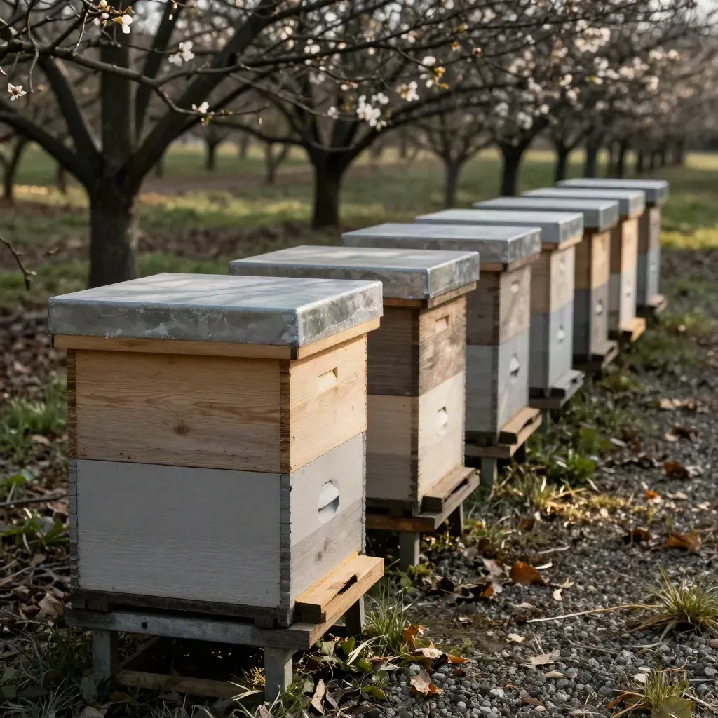 Reihe neuer Bienenkästen am Orangerand im warmen Abendlicht