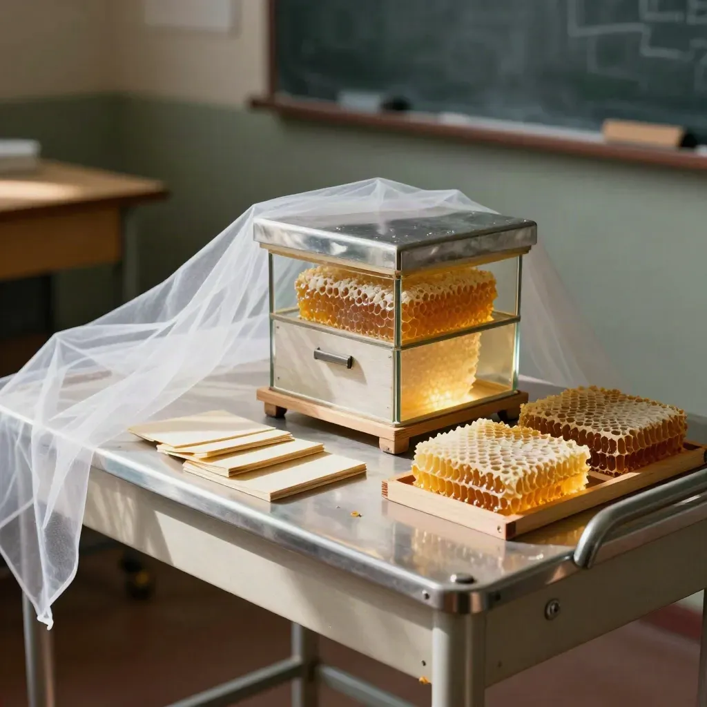 Bee-Education-Kit mit Beobachtungsvolk, Schleier, Rähmchen und Wabenblöcken auf Wagen.