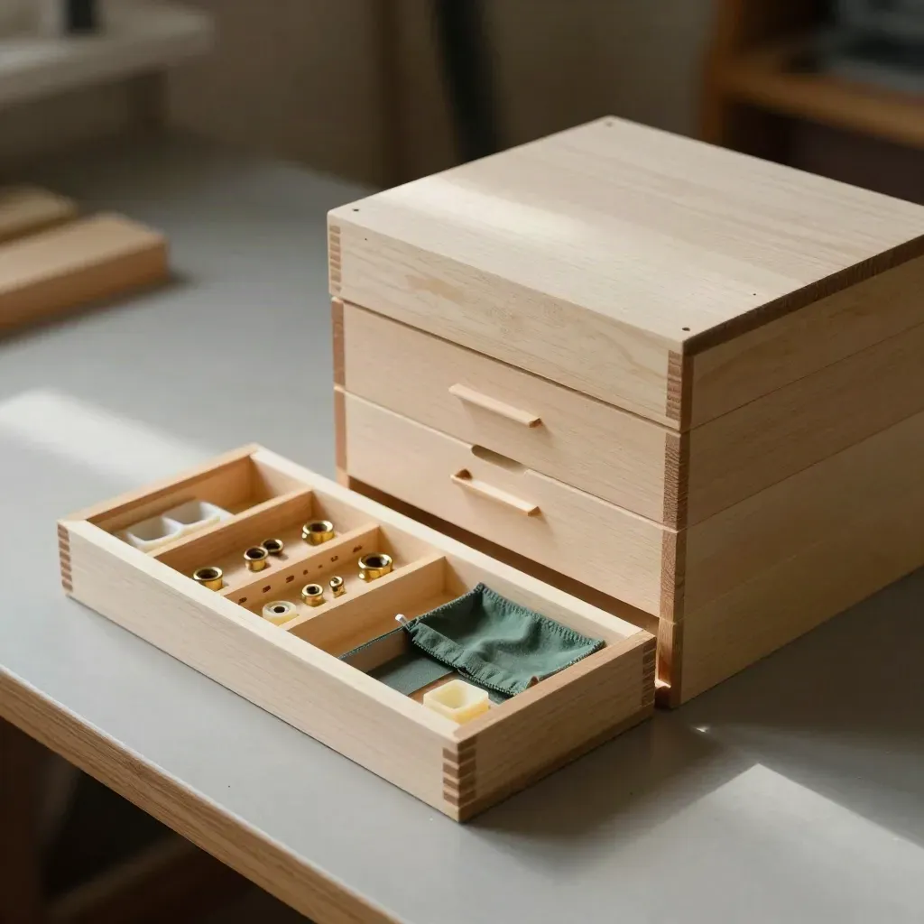 Holzbauteile für einen Bienenstock liegen auf heller Eiche neben einer geöffneten Teilebox.