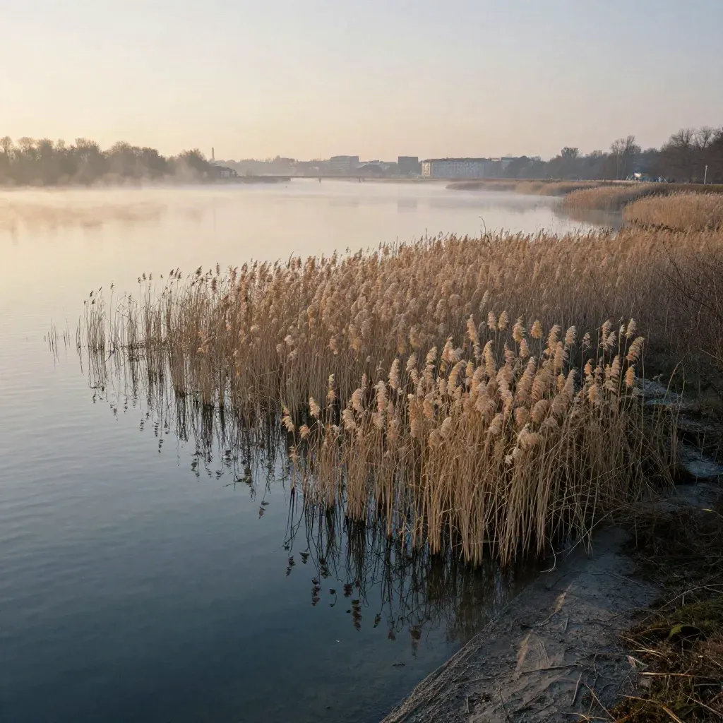 Berliner Wasserlandschaft im Morgenlicht mit Skyline im Dunst und Schilf