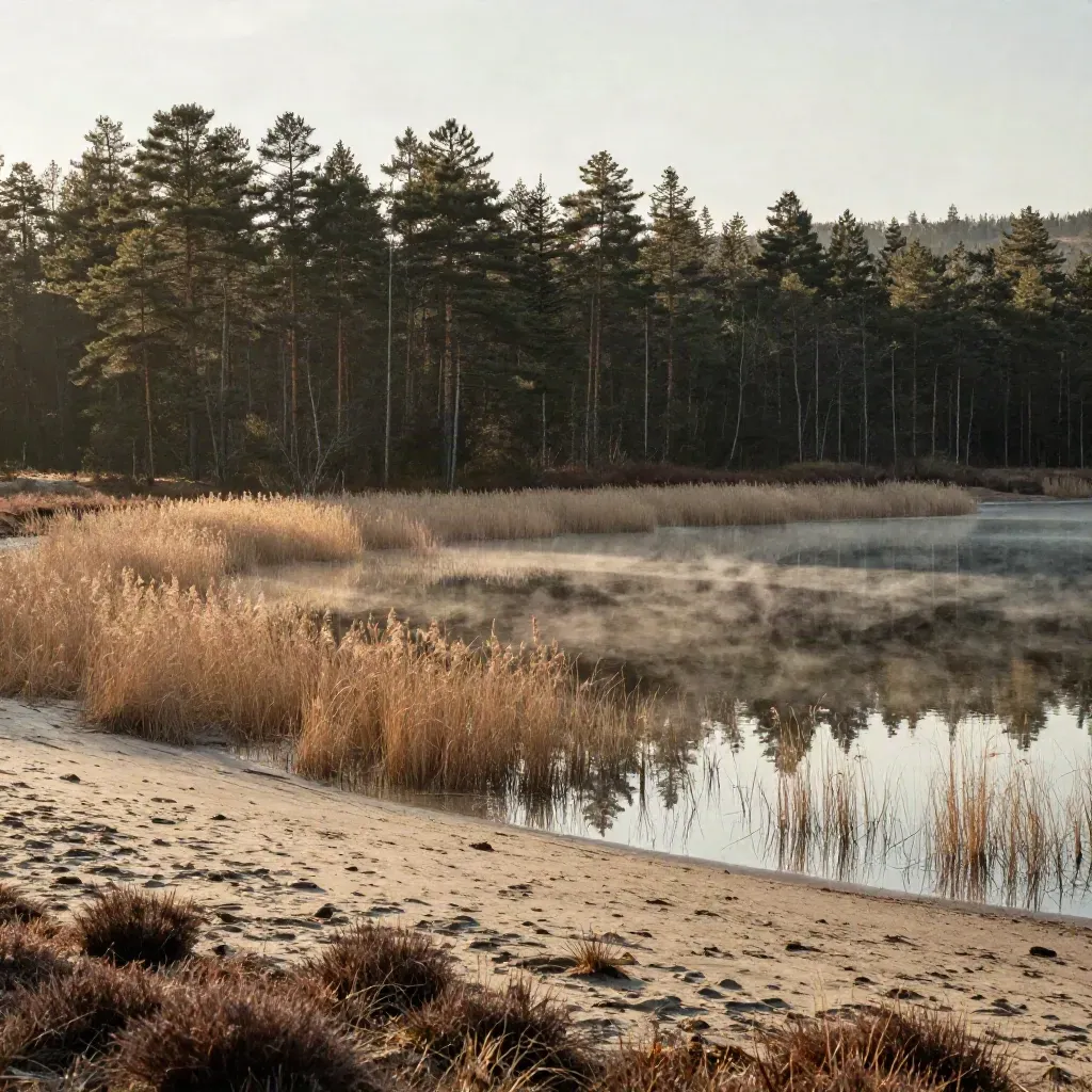 Neblige Brandenburger Heide mit stillem See und Kiefern im warmen Abendlicht