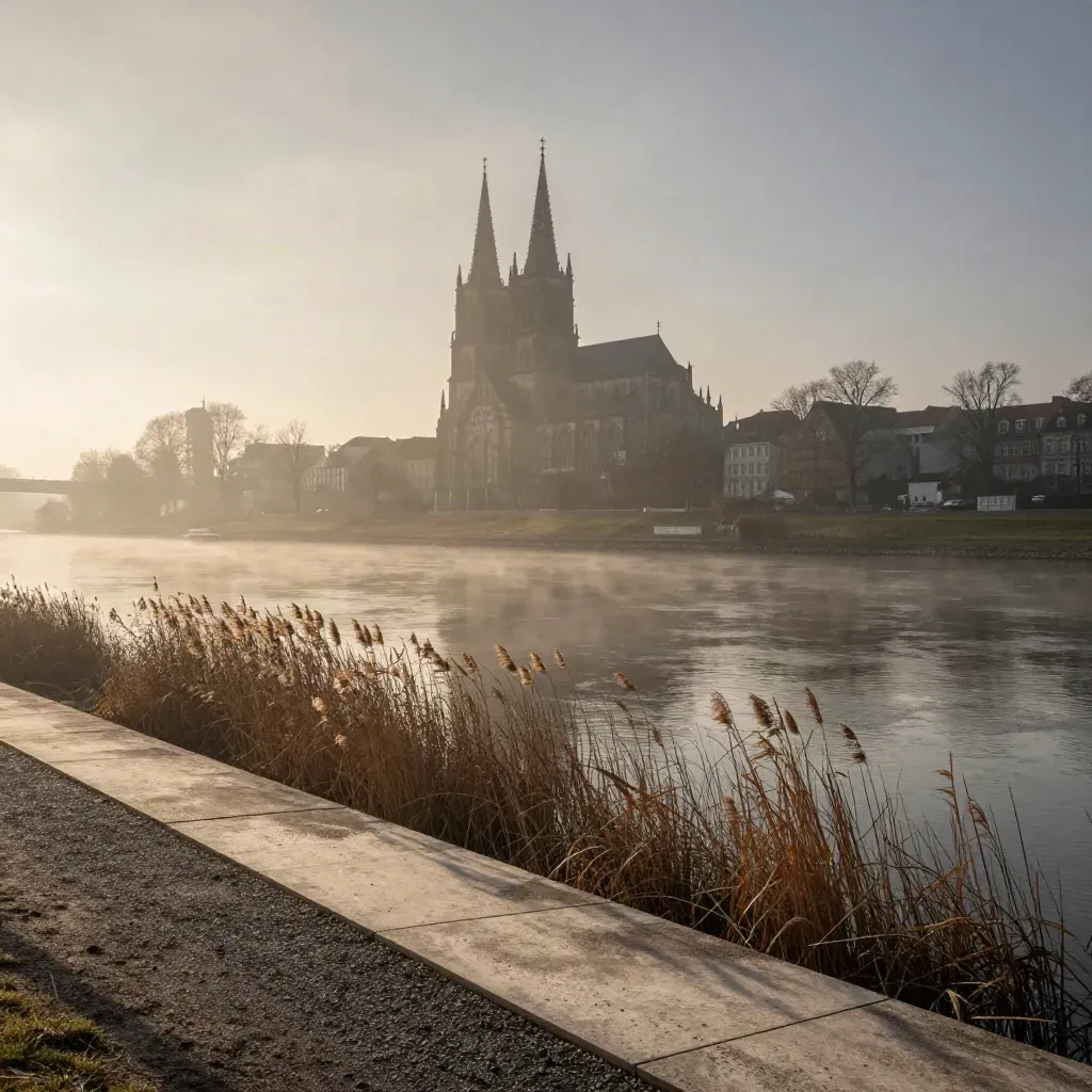 Magdeburger Domsilhouette im Elbe-Nebel über ruhigem Flussufer bei Morgendämmerung