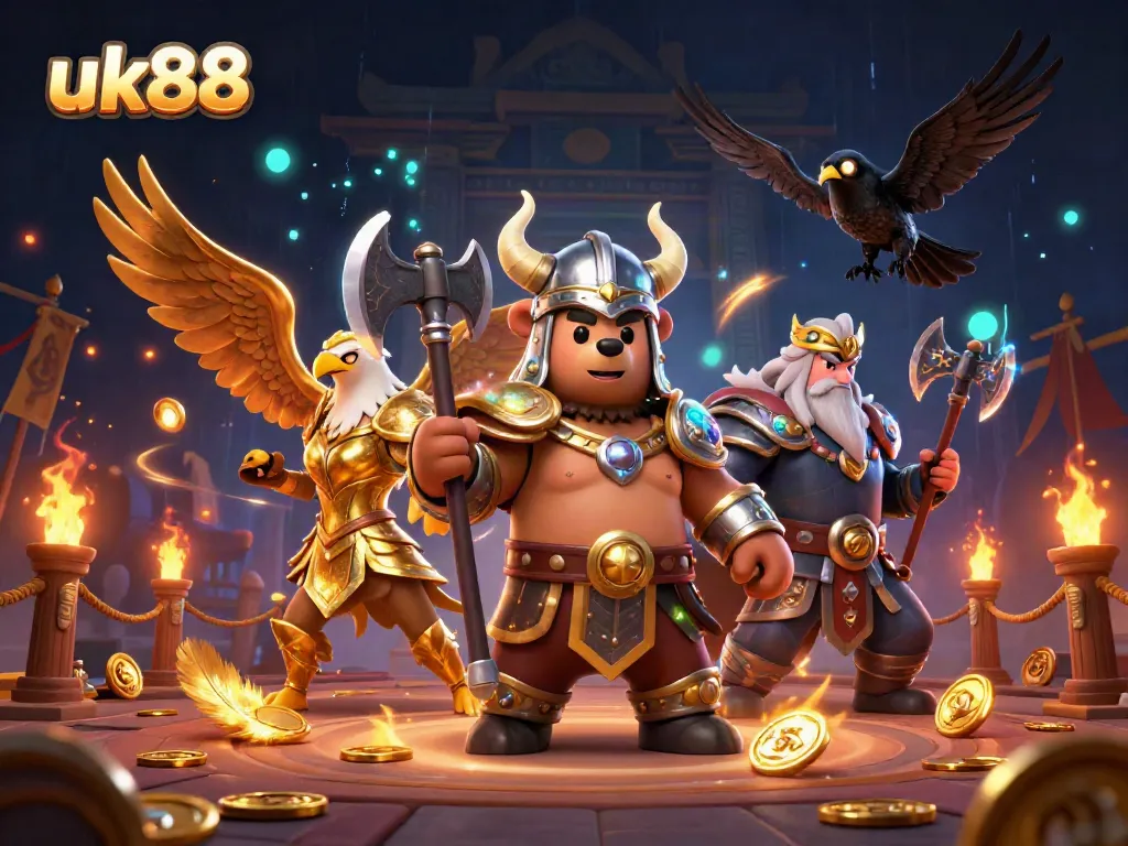 Engage with uk88 in a vibrant 3D casino scene featuring a Viking bear and Valkyrie eagle surrounded by thrilling game elements.