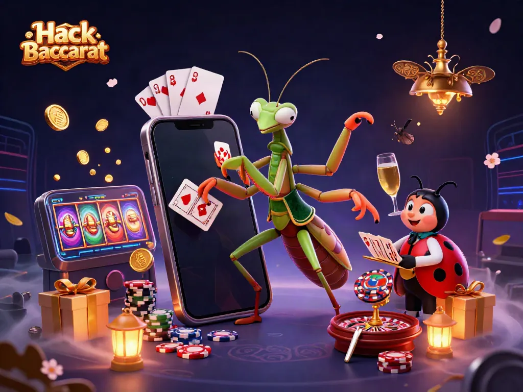 Experience Hack Baccarat with a vibrant 3D scene, featuring a mantis dealer, ladybug pit boss, and lively casino elements.