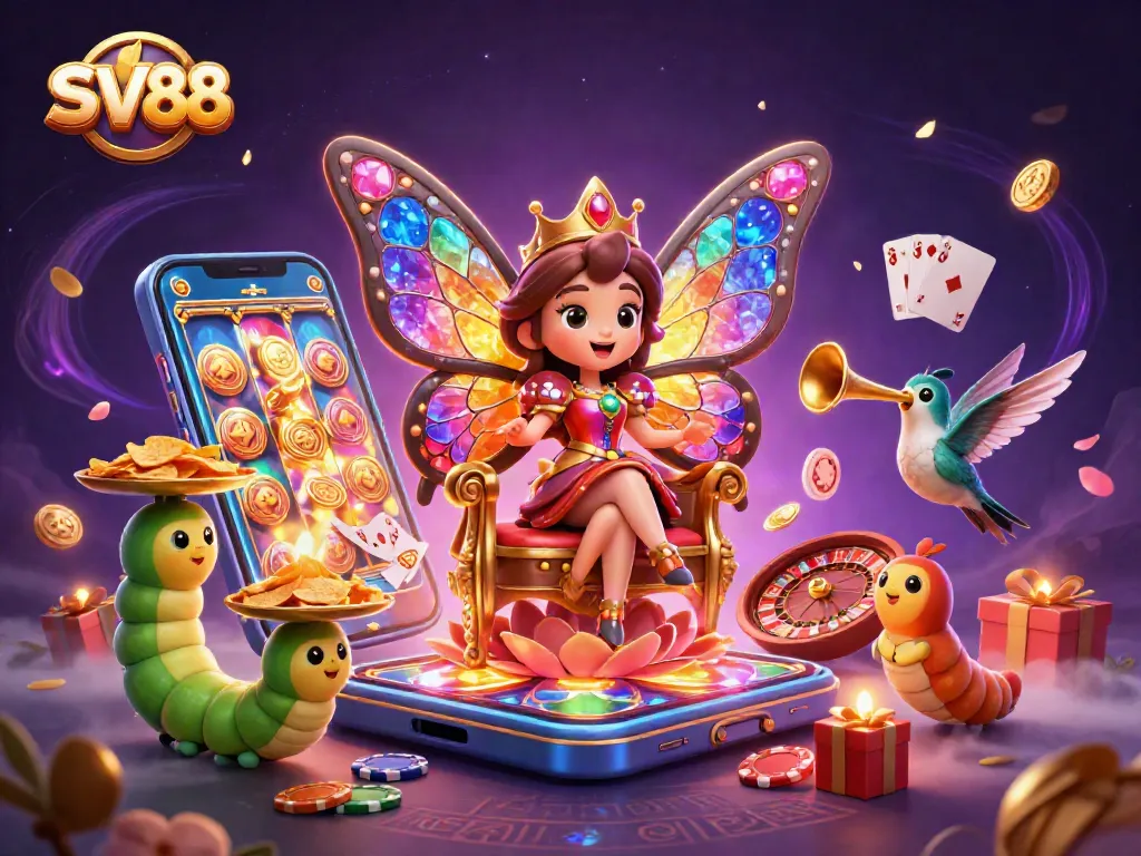 SV88 showcases a vibrant casino scene with a butterfly queen and gaming elements for an engaging experience.