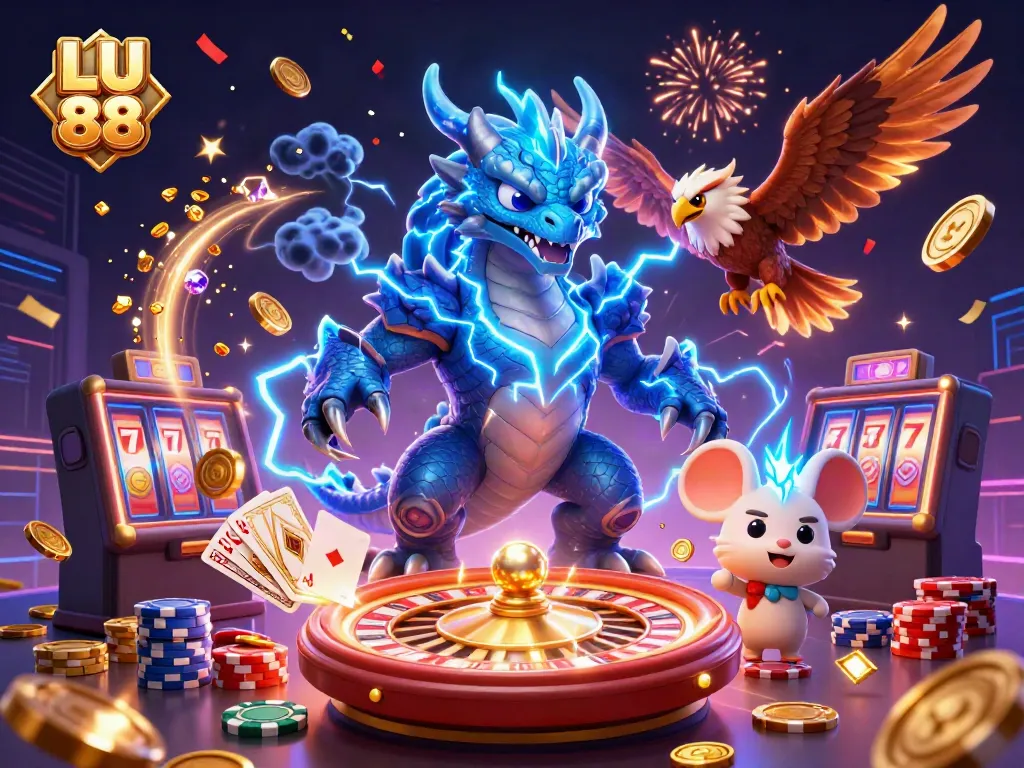 Experience the excitement of LU 88 with vibrant casino elements and dynamic characters in this 3D illustration.