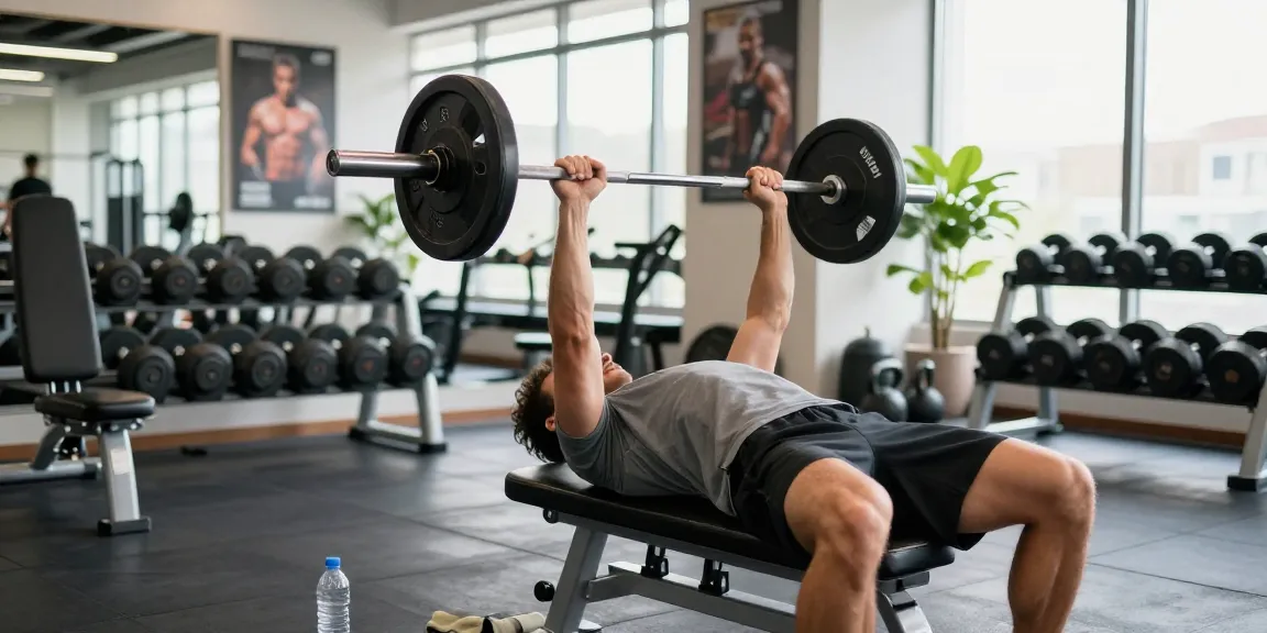 Ein Athlet mit Utinon Steroide beim Bankdrücken im modernen Fitnessstudio
