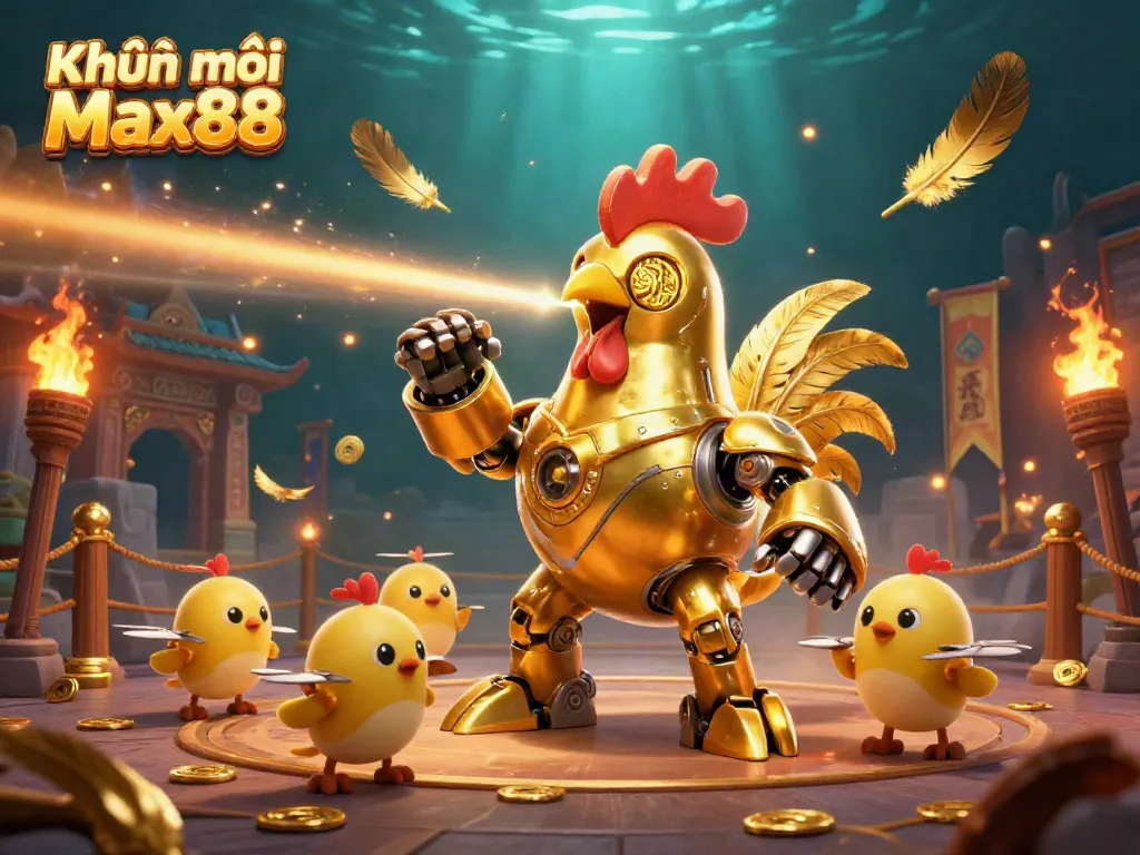 Engage with Khuyến mãi Max88 in a dynamic 3D illustration showing the golden rooster robot and baby chick drones in a vibrant casino scene.