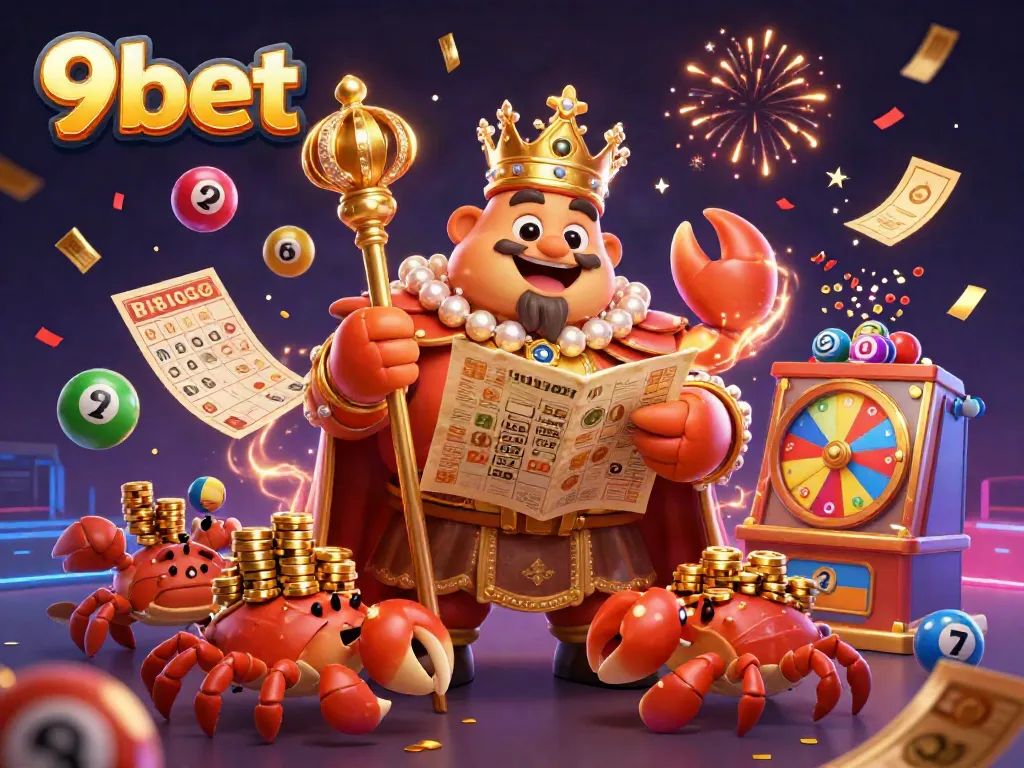 Join the excitement of 9bet with a golden crab emperor and lottery elements in a vibrant casino illustration.