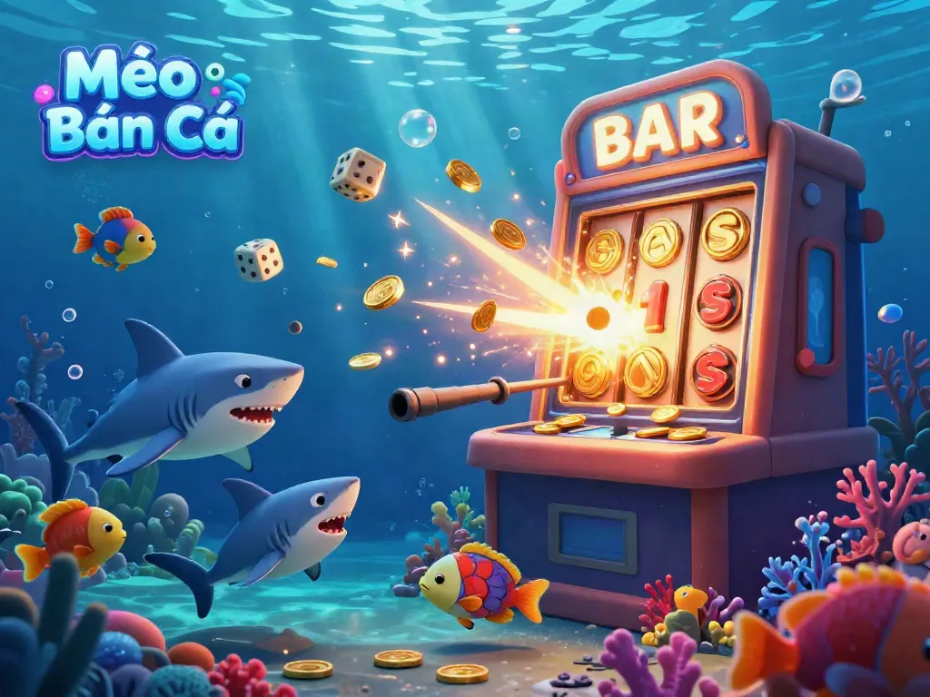 Mẹo Bắn Cá showcases a vibrant underwater casino scene with a fish shooting cannon amidst colorful coral and animated sea creatures.
