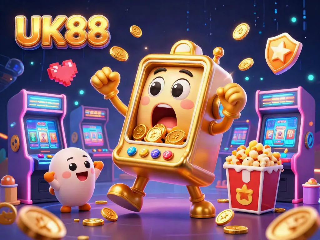 UK88 jackpot celebration with animated slot machines, colorful arcade games, and festive atmosphere.