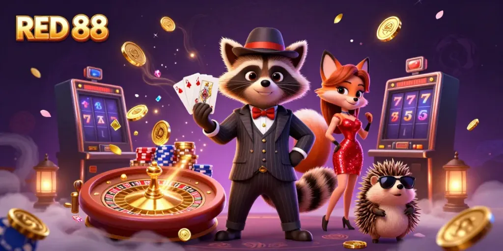 Experience the excitement of RED 88 as a suave raccoon and elegant fox lady enjoy their winning hand in a vibrant casino scene.