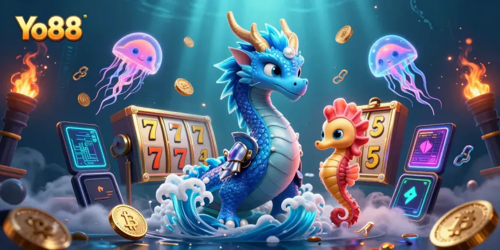 Experience the excitement of Yo88 with vibrant dragons, seahorses, and dynamic slot elements in an immersive underwater scene.