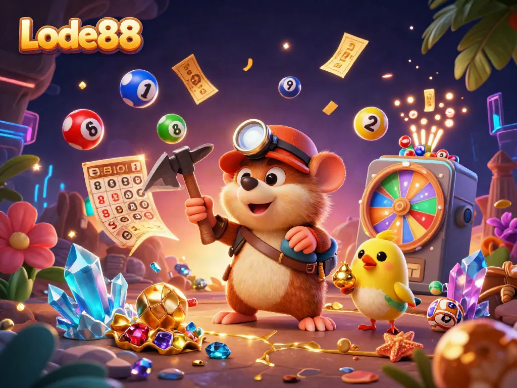 Experience exciting Lode88 rewards with a vibrant 3D treasure hunter in a dynamic gaming scene.