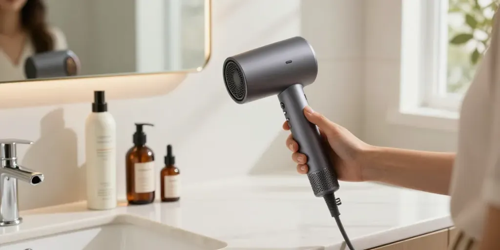 Eleganter Ionen Föhn auf dem Badezimmerwaschtisch, während eine Frau ihn benutzt, um ihre Haare zu stylen.