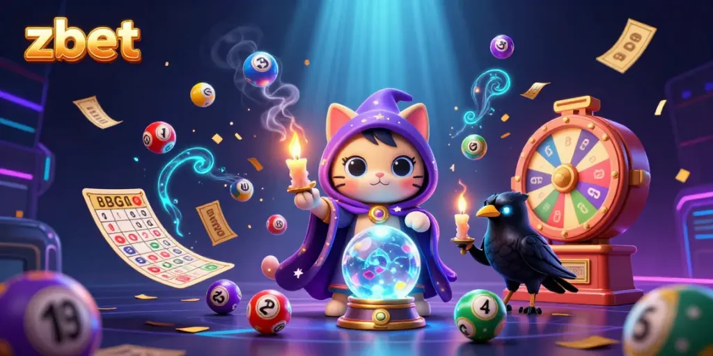 Engage in thrilling zbet action with vibrant lottery balls and mystical characters in an exciting casino scene.
