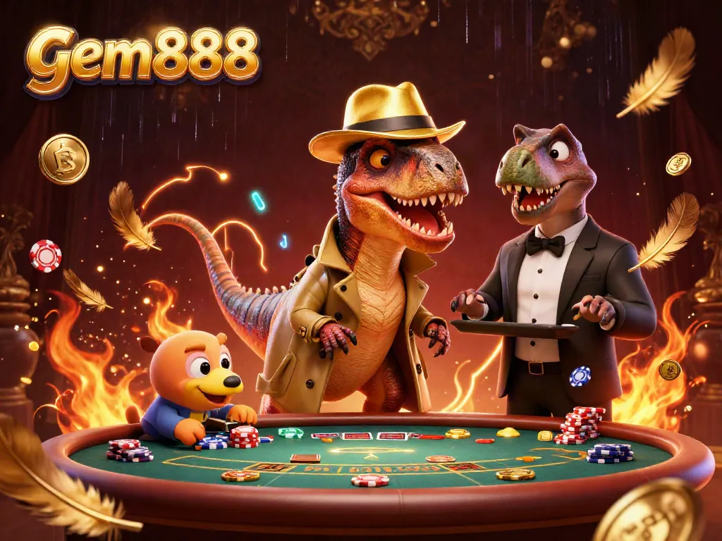 Engage with gem888 in a thrilling casino scene with a sly velociraptor amidst vibrant gaming chaos.