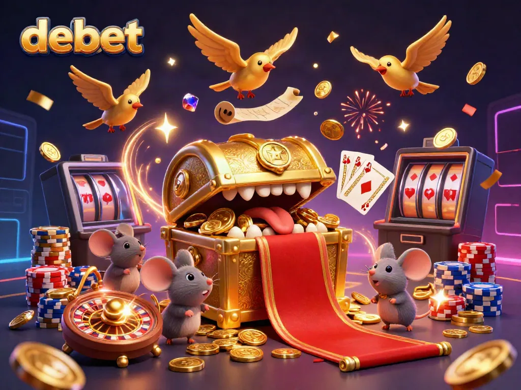 Experience debet's vibrant casino world with a whimsical treasure chest and golden coins in a 3D illustration