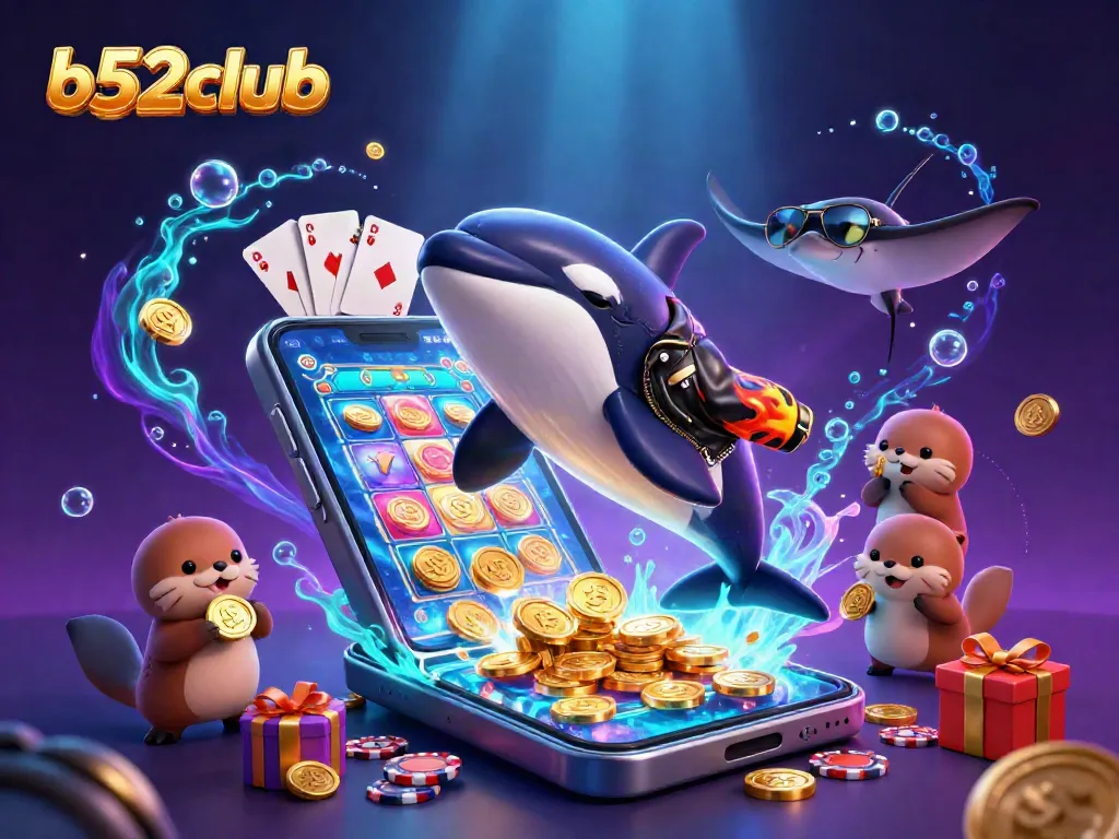 B52club features an orca in a biker jacket and otters with coins in a vibrant casino scene.