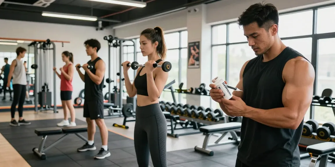 Anabolika Shop - Fitness Szene mit Bodybuilder beim Spritzen von Anabolika und Athleten im modernen Gym