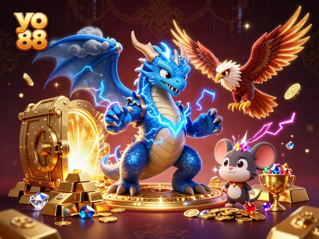 Engage with thrilling games at yo 88, featuring electric characters amidst dazzling treasures in a dynamic casino scene.