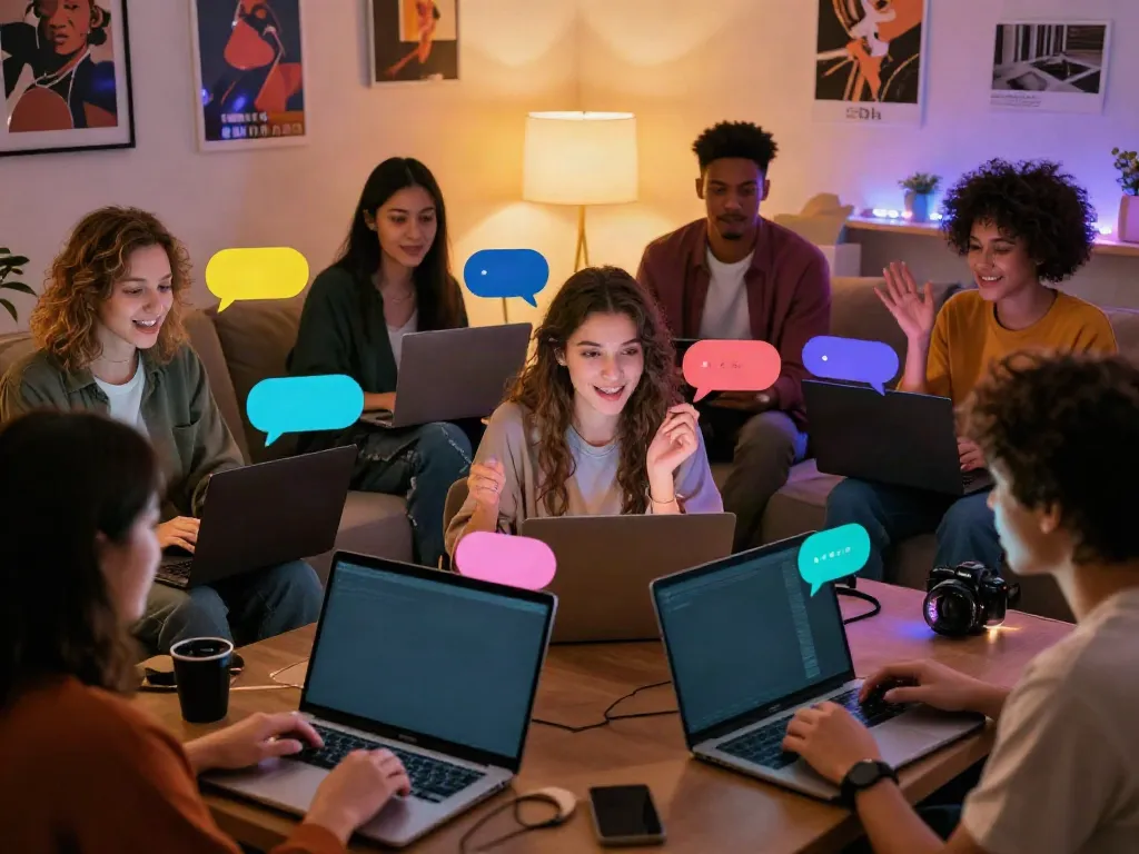Engaging sex chat scene with diverse individuals sharing lively conversations on digital platforms, showcasing connection and excitement.