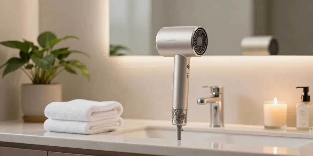 Der Laifen Air Pro Haartrockner in eleganter Badezimmerumgebung für effektive Pflege und Styling.